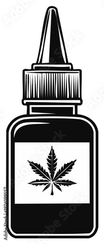 Medical Cannabis Oil Bottle in Monochrome Design with Marijuana Leaf Emblem