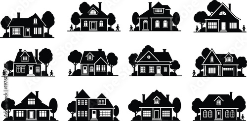 Set of Twelve Black and White Silhouette Icons of Houses with Trees and People for Residential Real Estate Design Elements