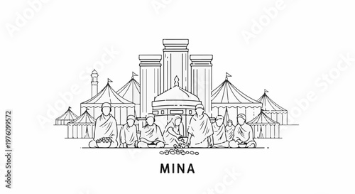 Monks in traditional robes gather before a grand dome and columnar structures