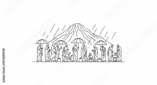 Monks with umbrellas and offerings under a mountain during rain