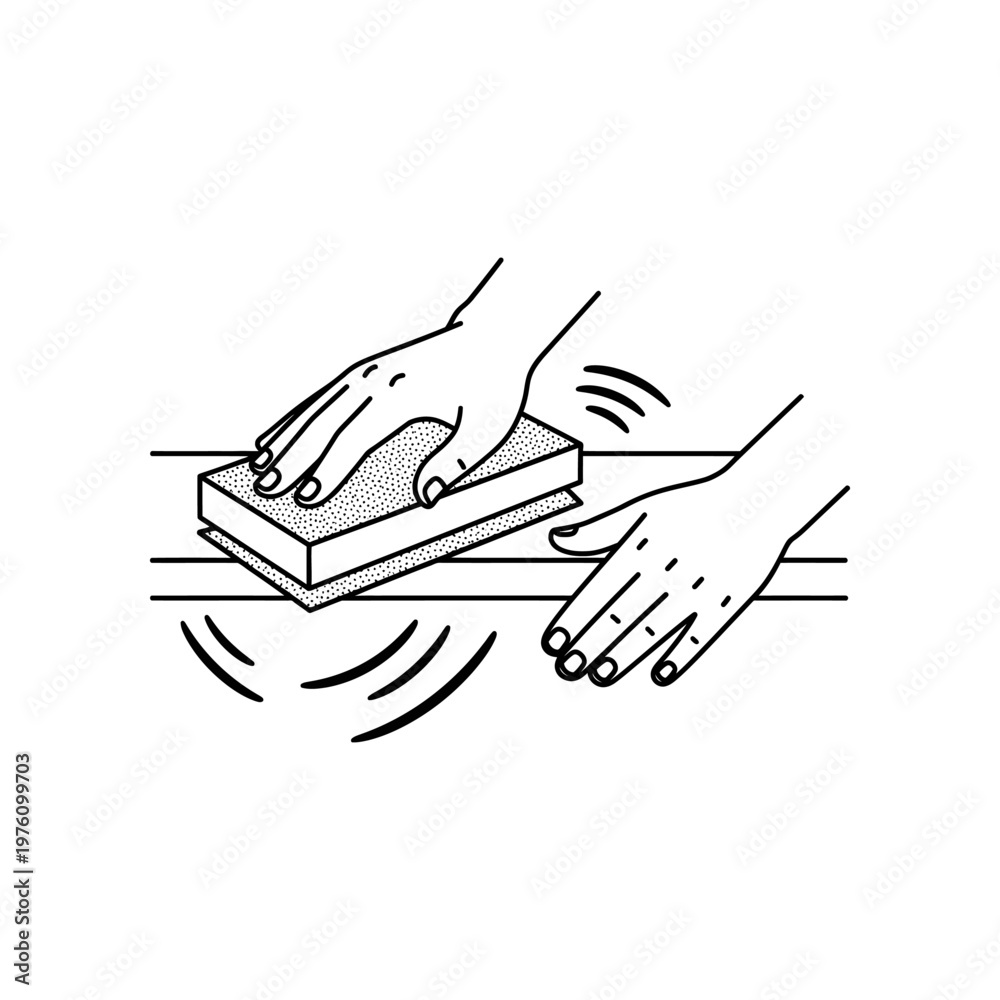 Obraz premium hand polishing wooden surface with sanding block in workshop line art