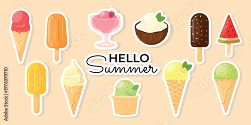 Colorful summer sticker set with various ice cream desserts, including cones, popsicles. Perfect for stickers, packaging, kids design.