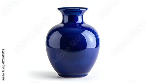 A vibrant, glossy cobalt blue vase with a classic, elegant silhouette stands isolated against a pristine white background