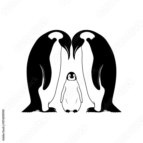 family of emperor penguins with chick minimalist black and white illustration