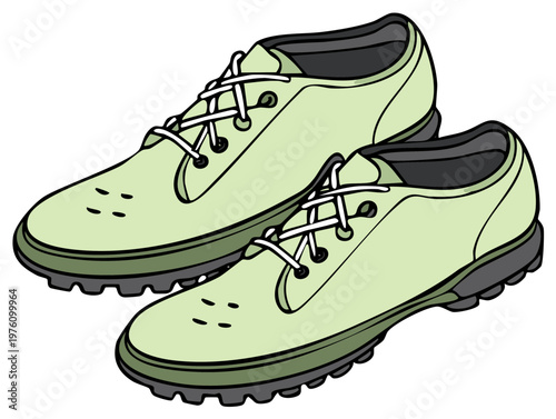 A pair of green outdoor walking shoes with rugged soles vector cartoon illustration