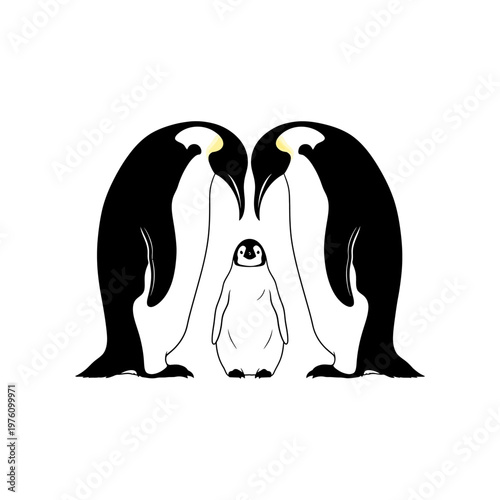 family of three penguins in minimalist black and white illustration