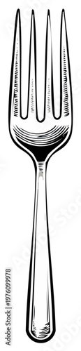 Black and white illustration of a fork with four tines for dining and eating