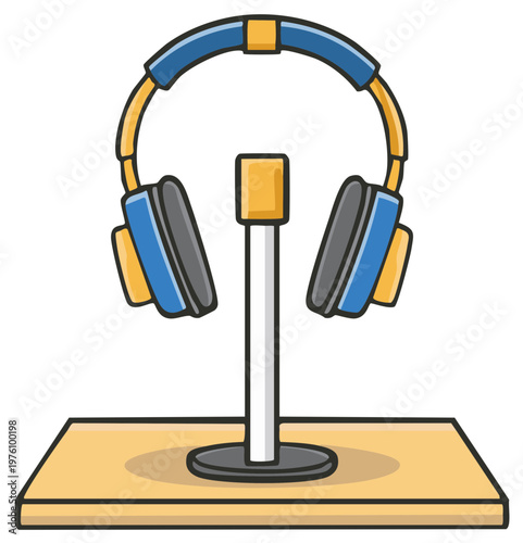 Colorful cartoon headphones resting on a holder stand vector icon for music and gaming