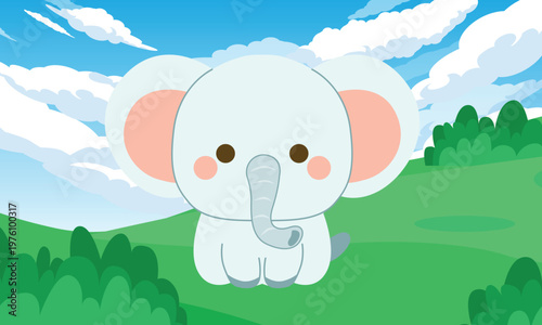 Cute Elephant Cartoon Animal Landscape Illustration