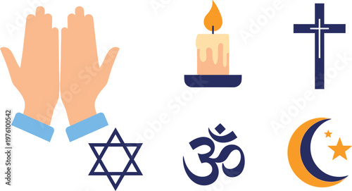 Hands held together in prayer are displayed alongside a burning candle and various global religious symbols.