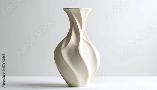 An off-white vase with a twisted design stands against a plain background. The ceramic vessel has smooth, flowing curves