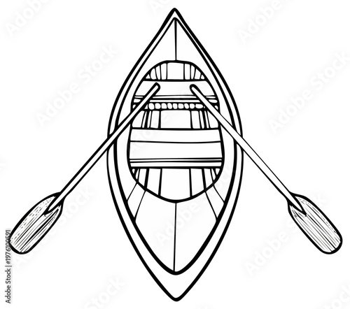 Top down view of a wooden rowboat with oars, black and white line art illustration
