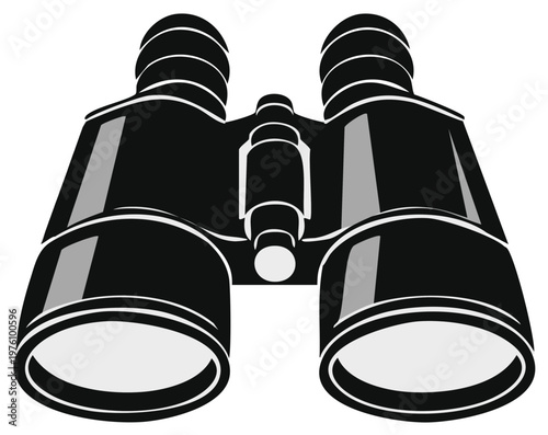 A pair of black and white binoculars, exploration and adventure concept, optics for viewing distant objects, vision tool.
