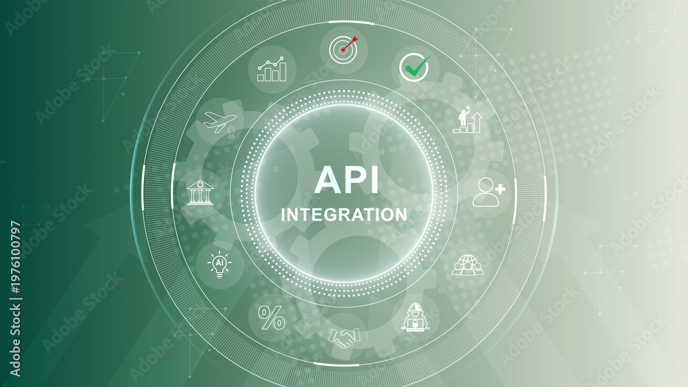 Obraz premium API Integration and Software System Connectivity Technology Concept. 3d Motion graphics of technology icon interface background