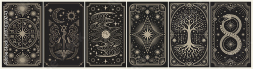 Six mystical tarot cards glow softly against dark backgrounds. Each card holds ancient symbols, stars, and cosmic imagery. Patterns swirl around celestial bodies and sacred trees