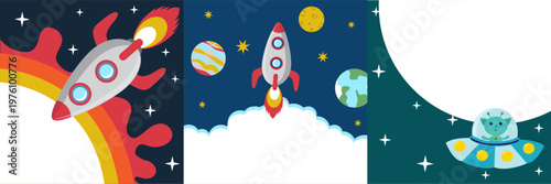 A collection of cartoon space backgrounds featuring an astronaut, spaceship, UFO, alien, planet, and moon. Illustrations for postcards and invitations.