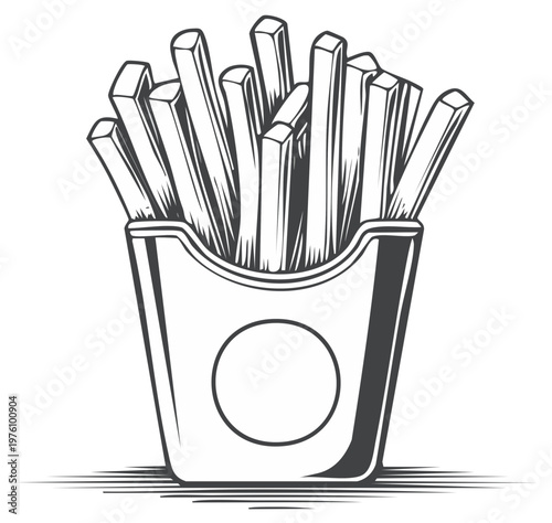 Monochrome fries in a container, classic fast food vector illustration