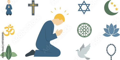 Person kneeling in prayer is surrounded by an assortment of diverse global religious symbols and spiritual icons.