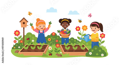 Happy diverse children are gardening outside, watering seedlings and harvesting fresh vegetables in a bright and cheerful illustrated outdoor scene.