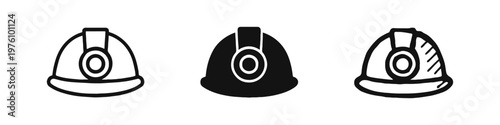Mining helmet with lamp icon set for underground work safety.