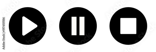 Play pause stop icon set for audio video player in button styles. Media control UI icons for apps, music track, recording, web players and streaming platforms