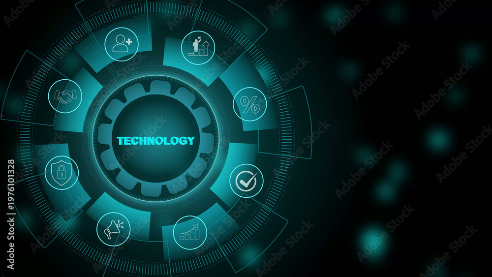 Obraz premium Futuristic technology network concept with glowing blue digital lines connecting multiple business and innovation icons. 3d Motion graphics of technology icon interface background
