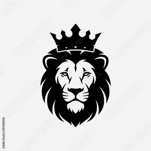 King Lion Head Logo with Crown Minimalist Black Vector Icon