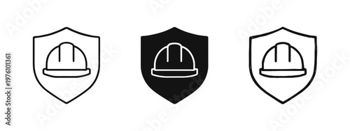 Safety helmet inside shield icon set for industrial protection and security.