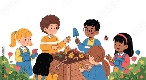 A diverse group of cheerful children explores a compost bin filled with earthworms and autumn leaves in a vibrant, flowery garden setting.