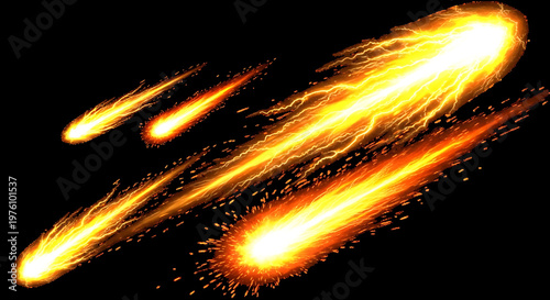Bright fiery meteor trails or falling comets isolated on black with asteroid astronomy universe explosion isolated