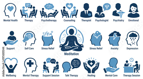 Mental health and therapy session icon set featuring counseling, psychotherapy, stress relief, anxiety, depression, meditation, emotional support, and wellness psychology symbols.