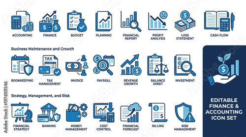 Finance and accounting icon set featuring budget planning, financial reporting, bookkeeping, tax management, revenue growth, cash flow, audit, and investment analysis symbols.