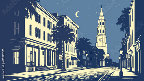Historic Charleston South Carolina Street with Church Steeple at Night