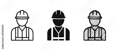 Construction worker in reflective vest and safety helmet icon set.