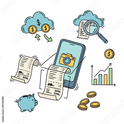 mobile app expense tracking using camera for receipts and piggy bank savings cloud finance digital bookkeeping.