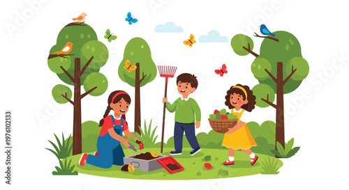 Three happy children enjoy a day of gardening and harvesting in a beautiful park filled with trees, birds, and fluttering butterflies.
