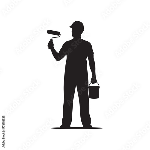 Painter worker with hand holding roller and paint can silhouette vector flat illustration design.