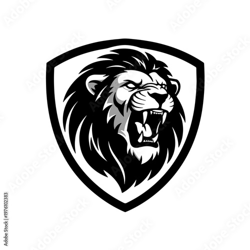 Roaring Lion Head Shield Logo Black and White Mascot Vector