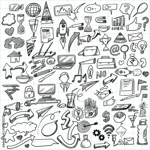 Hand Drawn Business and Technology Doodle Mega Set on Grid Background
Vector Sketch Collection of Finance Office and Creative Industry Icons
Massive Hand Drawn Doodle Bundle with Computer Marketing 