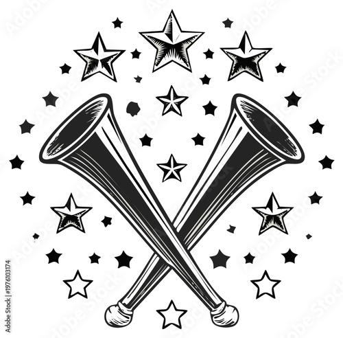 Two Crossed Musical Horns Surrounded by Stars and Twinkles Festive Celebration Emblem
