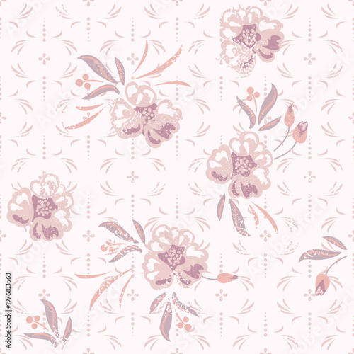 Flower pattern fusion rose pink on white background with garden flowers. Farmhouse spring colors backdrop