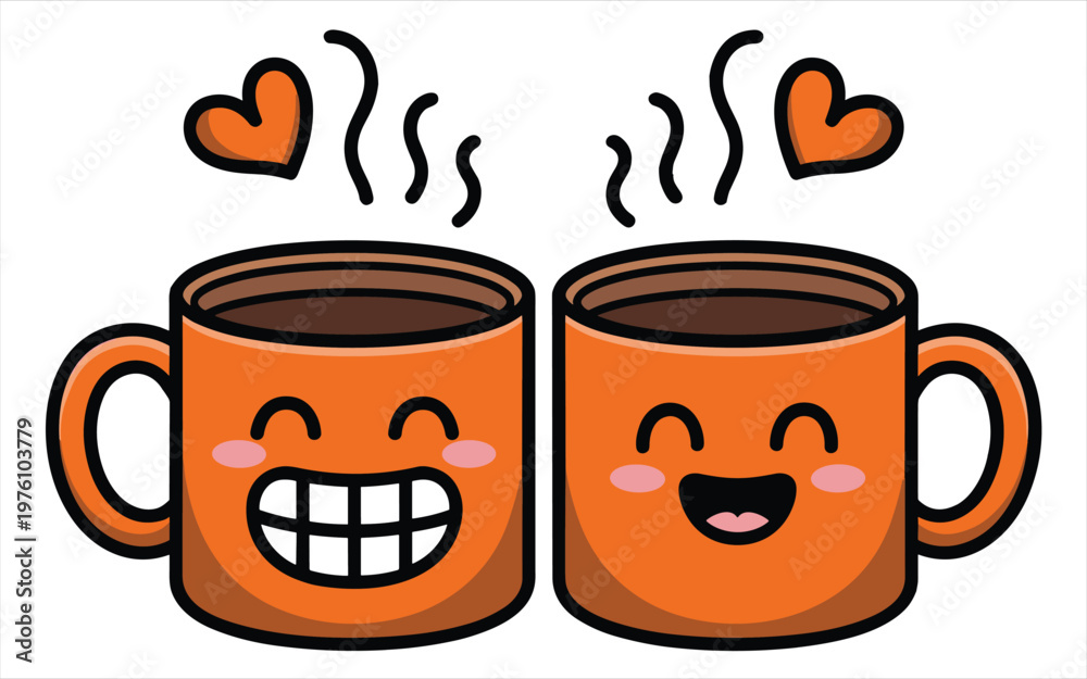 Obraz premium Two cartoon coffee cups with steam and faces brown