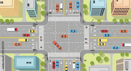 Aerial View of City Intersection with Cars and Pedestrian Crossings.