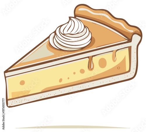 Delicious slice of pie with creamy filling and whipped topping illustration. Dessert pastry with crust. Food and baking cartoon close-up.
