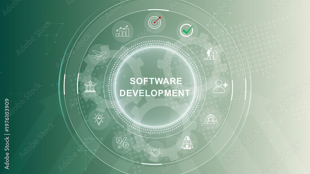 Obraz premium Software development team collaboration and technical process abstract design. business technology. 3d Motion graphics of technology icon interface background