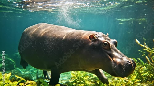 Hippo surfacing with breathing underwater.