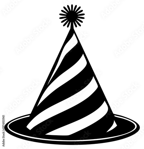 Striking Black and White Striped Party Hat with Pom Pom and Brim