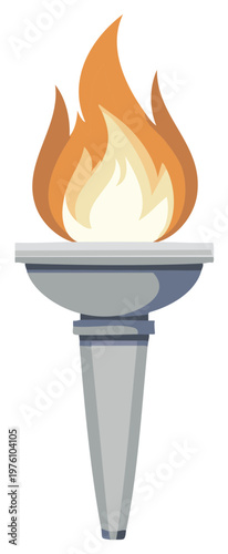 Cartoon illustration of a fiery Olympic torch with orange and yellow flames, isolated on a white backdrop.