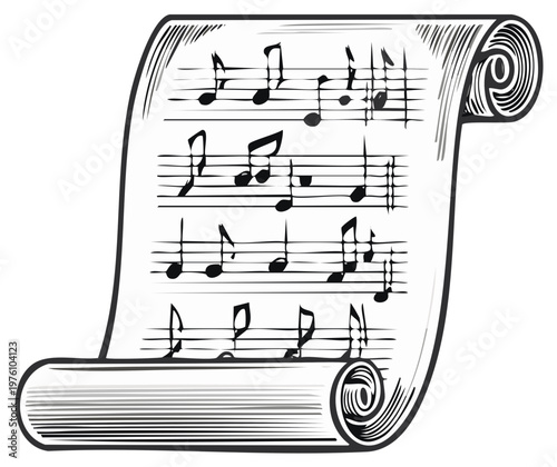 Vintage Scroll with Musical Notes Hand-Drawn Illustration