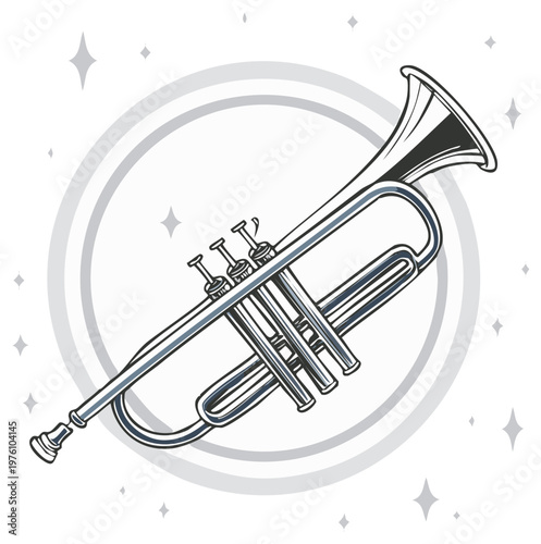 Vintage illustration of a silver trumpet with sparkling accents and a circular frame, evoking musical performance and brass instruments.